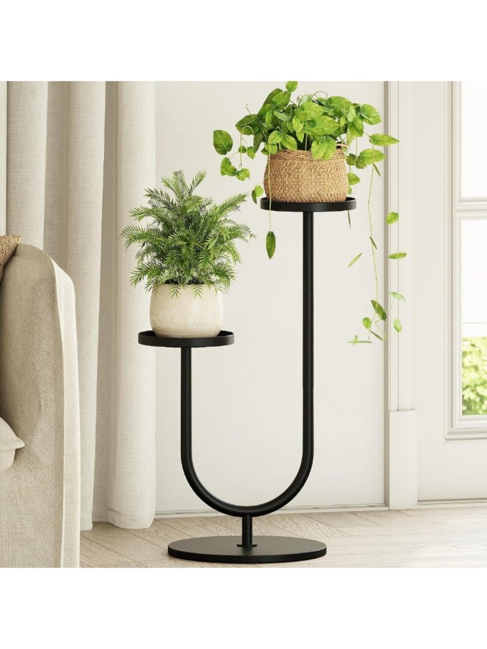 2-Tier Metal Plant Stand - Indoor/Outdoor Corner Shelf for Tall Plants, Black